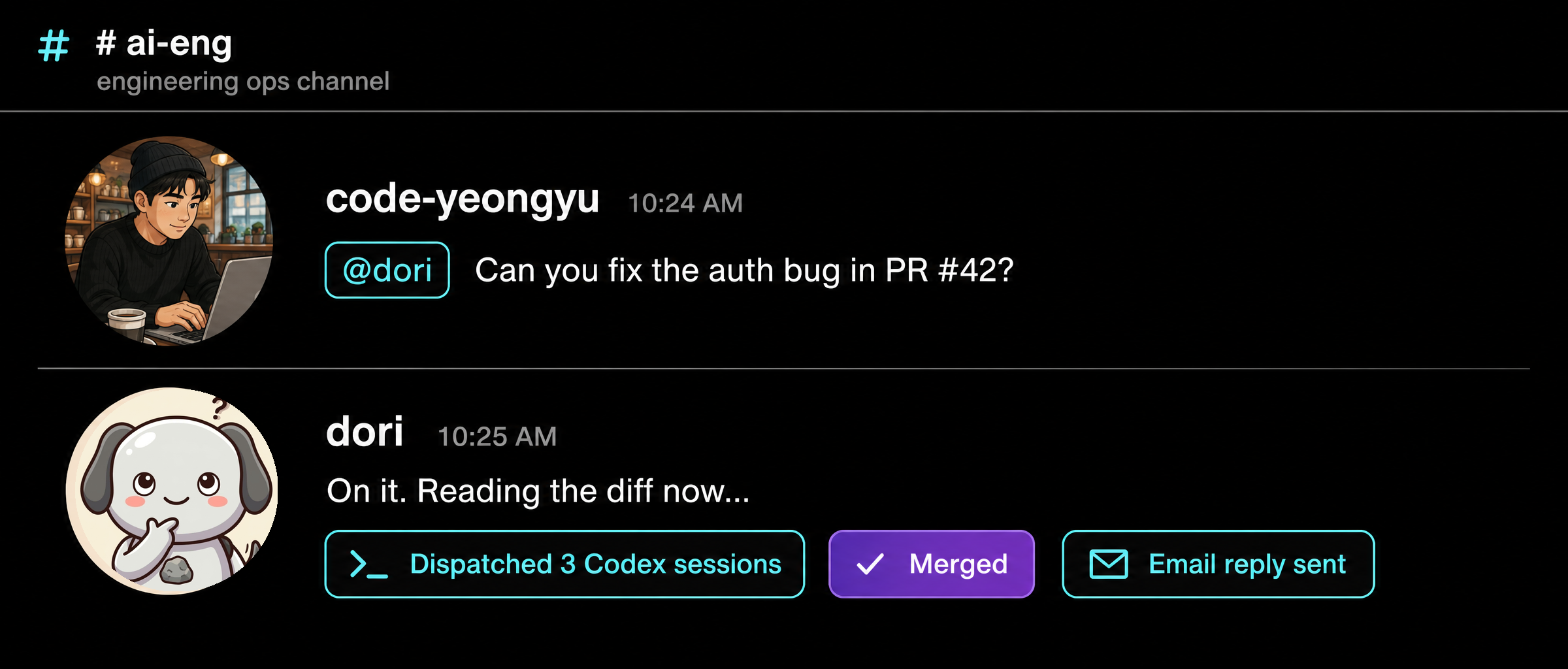 Slack thread: code-yeongyu mentions @dori, dori dispatches Codex sessions and ships the merge